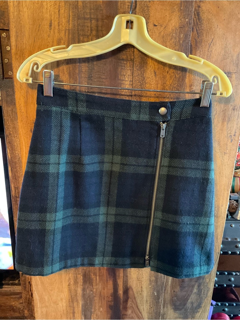 Abercrombie & Fitch Green and Black Plaid Mini Skirt with Exposed Zip.